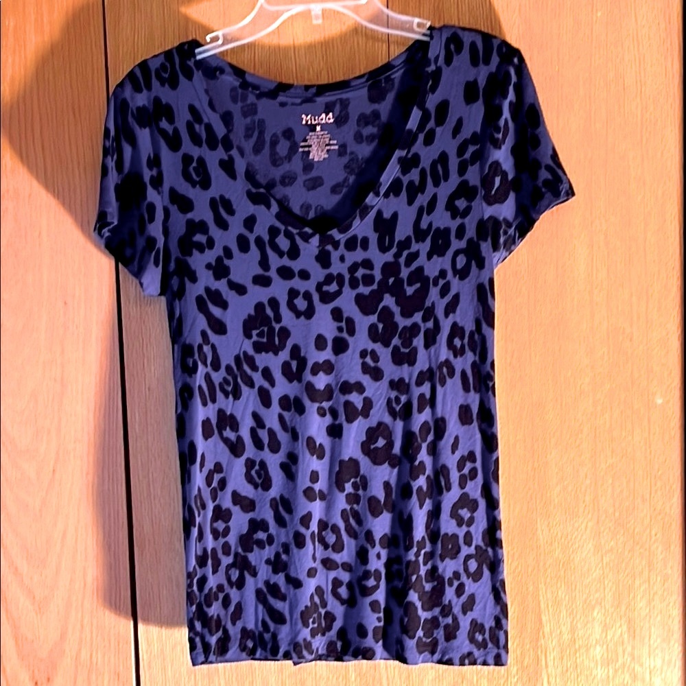 MUDD MEDIUM Women's Blue Leopard Print Top cap sleeve burnout thin tee t shirt